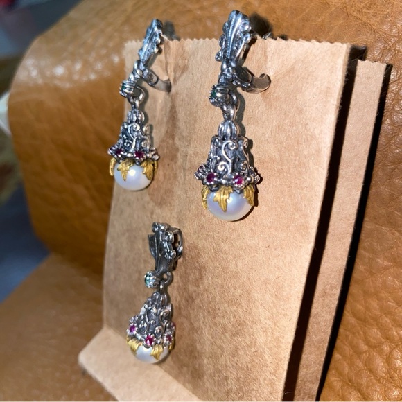 925 silver jewellery set elegantly designed pearl, ruby, emarald - Picture 6 of 9